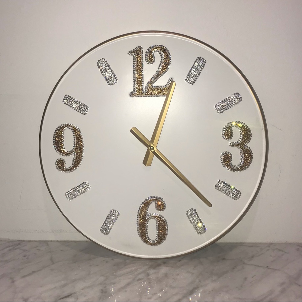 Clock wall decor Metal White Gold ~embellished swarovski crystals